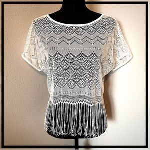 • Vanity White Sheer Lace Crochet Fringe Tee •